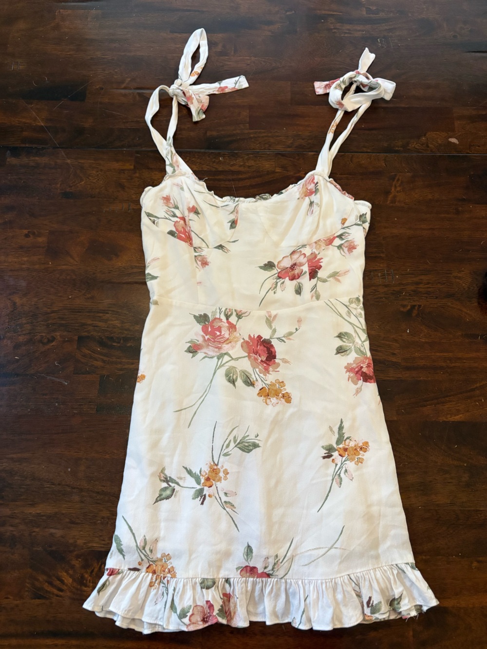 Floral Tie-Shoulder Mini Dress in Cream with Pink & Green Blooms